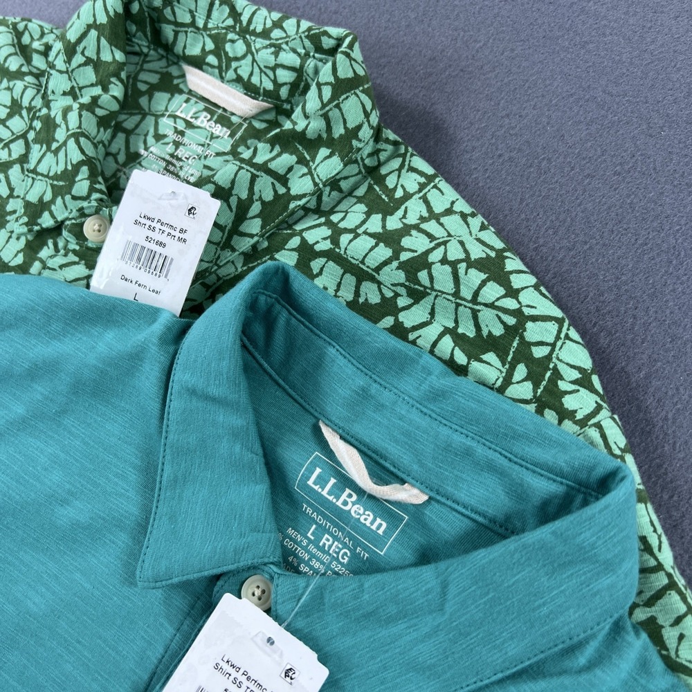 L.L. Bean Lakewashed Performance Button Front Shirts Men's Large Green Lot Of‎ 2